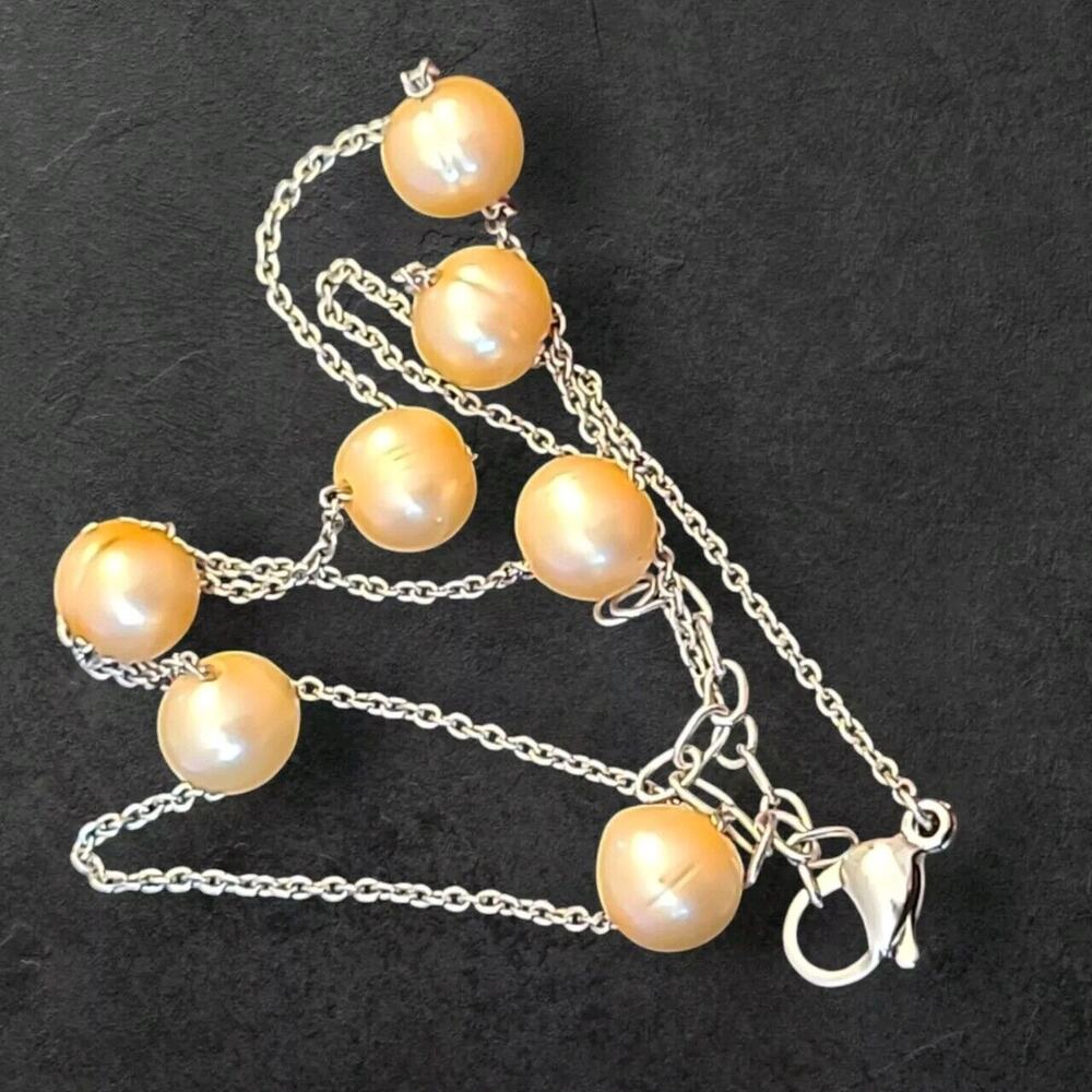 Silver Tone Chain Champagne Pearl Station Necklace 18"-20" - Picture 2 of 6